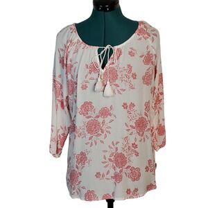 Hannah Womens Blouse L 3/4 Sleeve Boho Floral Peasant Flowy Whimsical Casual